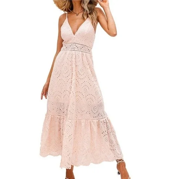 Simplee Dress Women's M Pink Lace Embroidered V Neck Pearl Buttons Baby Doll Y2K - Picture 3 of 13